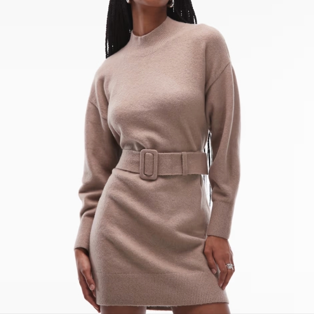 & Other Stories Cozy Belted Knit Sweater Dress Beige M Wool Blend